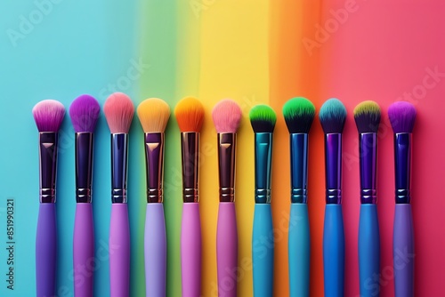 Pridethemed makeup brush set flat design front view professional artist theme 3D render Splitcomplementary color scheme photo