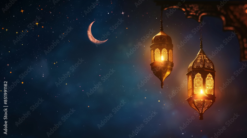 Fototapeta premium Islamic Greetings Banner with space for text. Luxury elegant banner for eid al fitr, ramadan sales, greetings card, idul fitri. Crescent, lamp, lantern, stars, mosque.