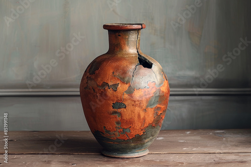 Old glued clay vase with distinctive hole on wooden surface. Vase maintains allure with weathered exterior serving as testament to resilience.