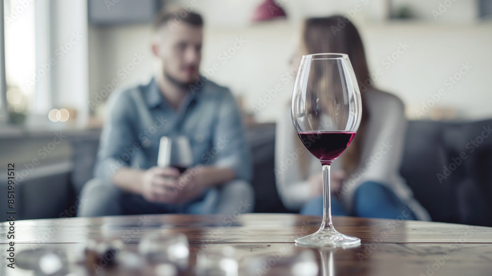 Wine glass on table with blurred couple in background. Scene capturing quiet moment with focus on glass of red wine Wine glass on table with blurred couple in background. Scene capturing quiet moment with focus on glass of red wine