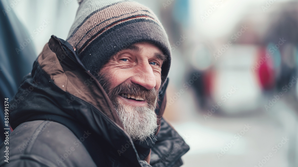 Smiling elderly homeless man with a beard wearing winter clothes. Outdoor scene with blurred background Smiling elderly homeless man with a beard wearing winter clothes. Outdoor scene with blurred background
