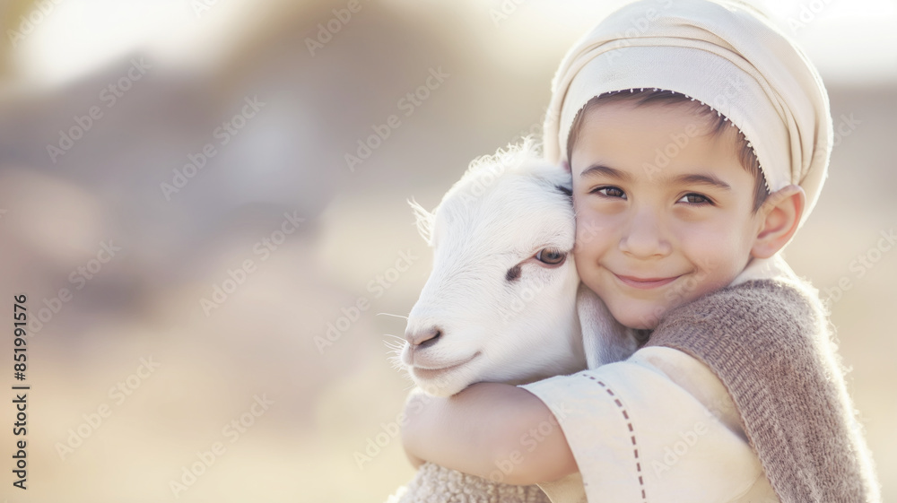 Smiling boy in traditional clothing hugging a white goat. Joyful scene representing Eid al-Adha celebration in pastoral setting Smiling boy in traditional clothing hugging a white goat. Joyful scene representing Eid al-Adha celebration in pastoral setting