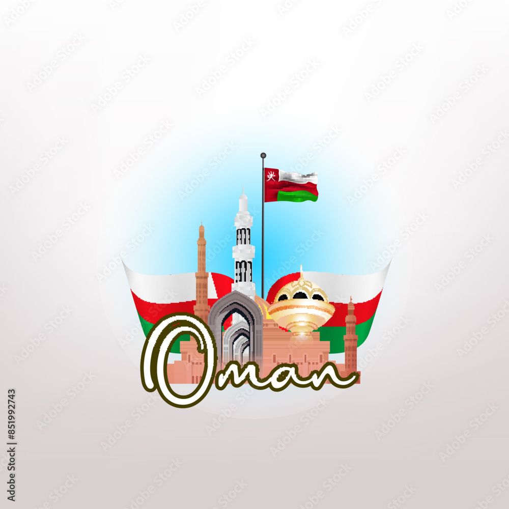 Obraz premium Vector illustration Oman National Day Celebration with flag in Oman national day 18 th November, Oman Land mark, Oman monument, city scape