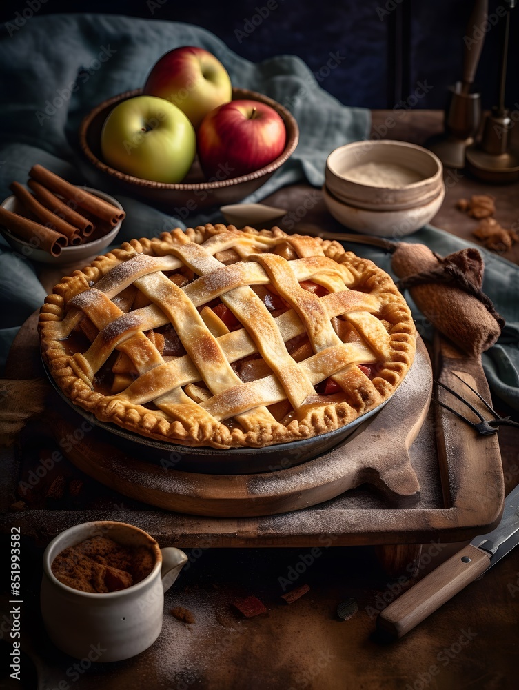 Homemade apple pie with lattice crust on a rustic table. Homemade apple pie with lattice crust on a rustic table.