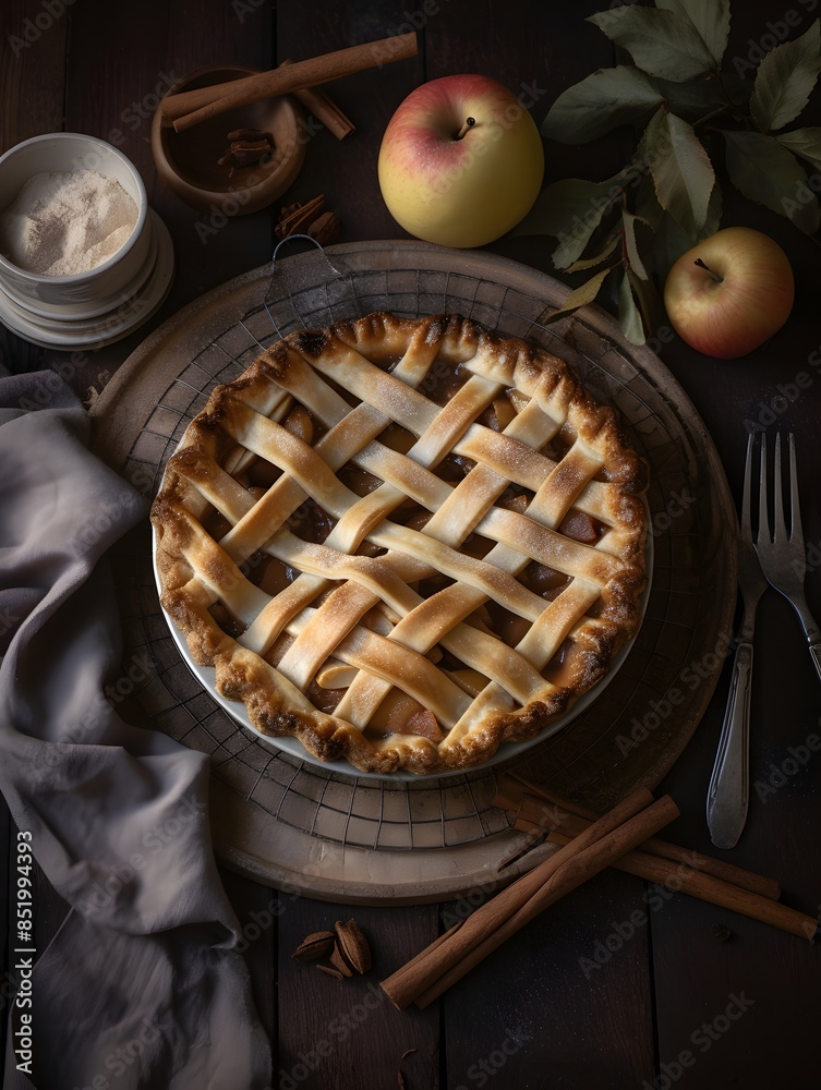 Homemade apple pie with lattice crust on a rustic table. Homemade apple pie with lattice crust on a rustic table.