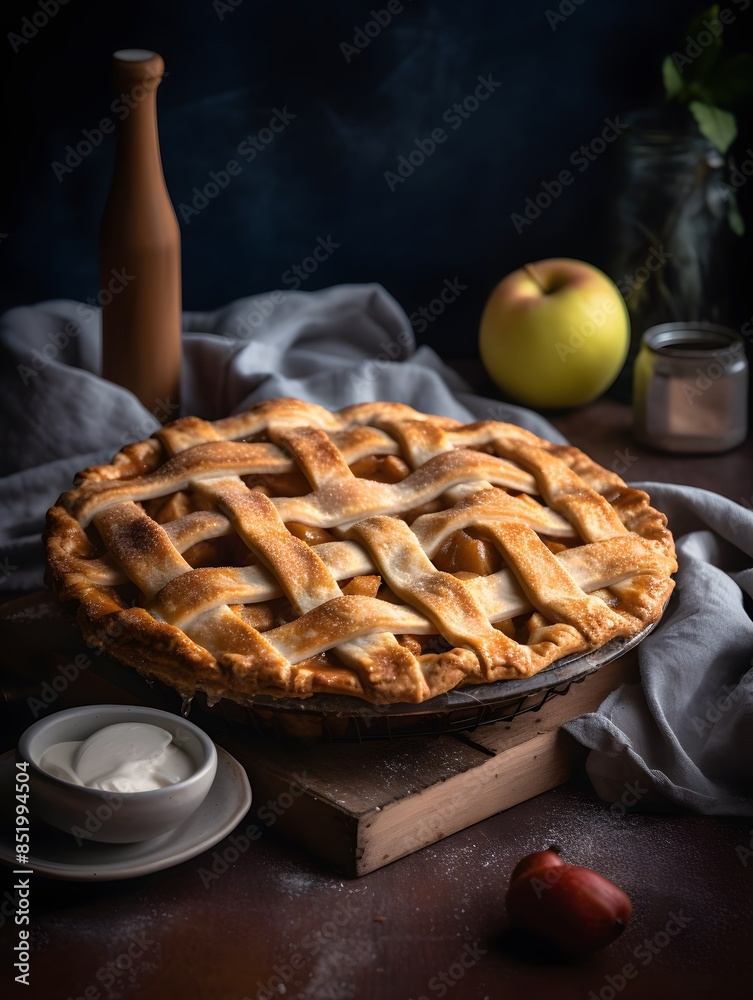 Homemade apple pie with lattice crust on a rustic table. Homemade apple pie with lattice crust on a rustic table.