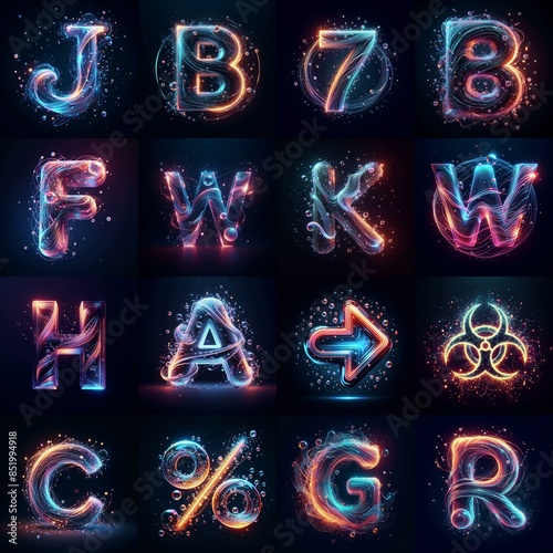 Glasss and neon light Lettering Typeface. AI generated illustration