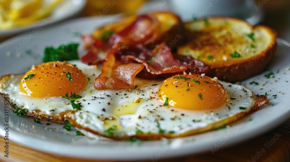Fried eggs accompanied by bacon and corned beef hash Fried eggs accompanied by bacon and corned beef hash