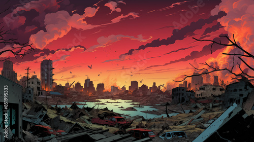 Fototapeta Naklejka Na Ścianę i Meble -  a comic book style background image of a post apocalyptic city landscape. Red sky, destroyed city, dystopian