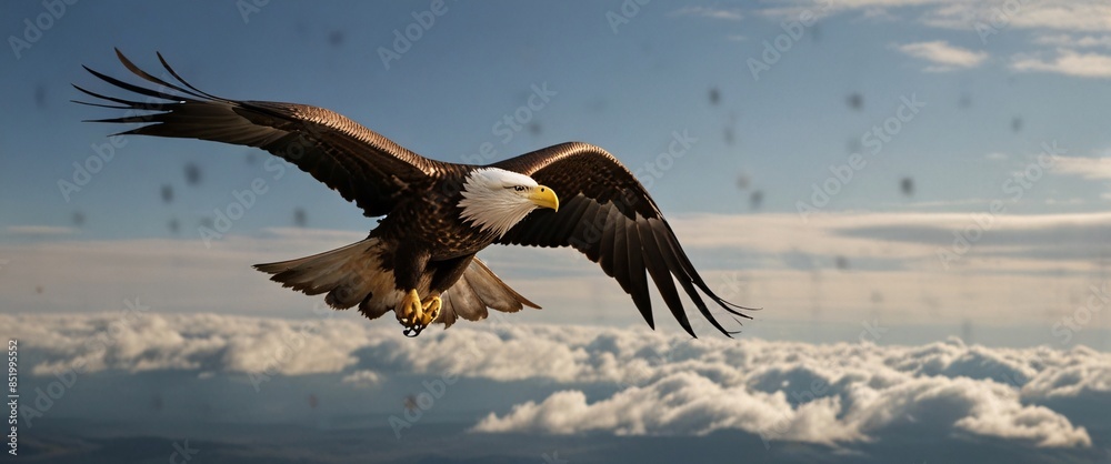 Fototapeta premium A majestic eagle soaring through the sky, its keen eyes scanning the landscape below for any signs of recognition from its prey. 