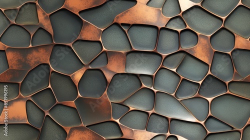 Abstract composition of hammered copper a voronoi pattern over a dull green background