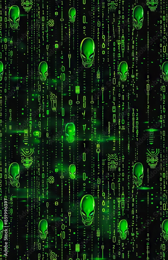 A green alien head with a matrix background. A green alien head with a matrix background.