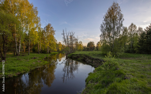 Evening landscape with a river and bright green grass in the foreground.