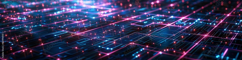Fragmented grid with broken connections on a dark background, scattered neon lights creating a futuristic and chaotic effect Fragmented grid with broken connections on a dark background, scattered neon lights creating a futuristic and chaotic effect