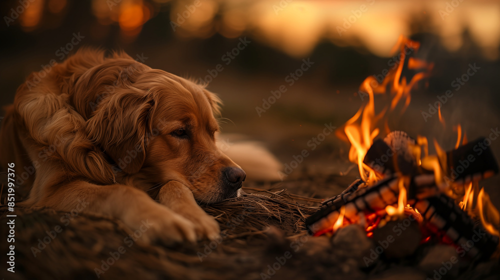 Fototapeta premium Duży pies relaksujący się przy ognisku w wiosenny wieczór. Kempingi przyjazne zwierzętom, kemping z psami. Marzący pies