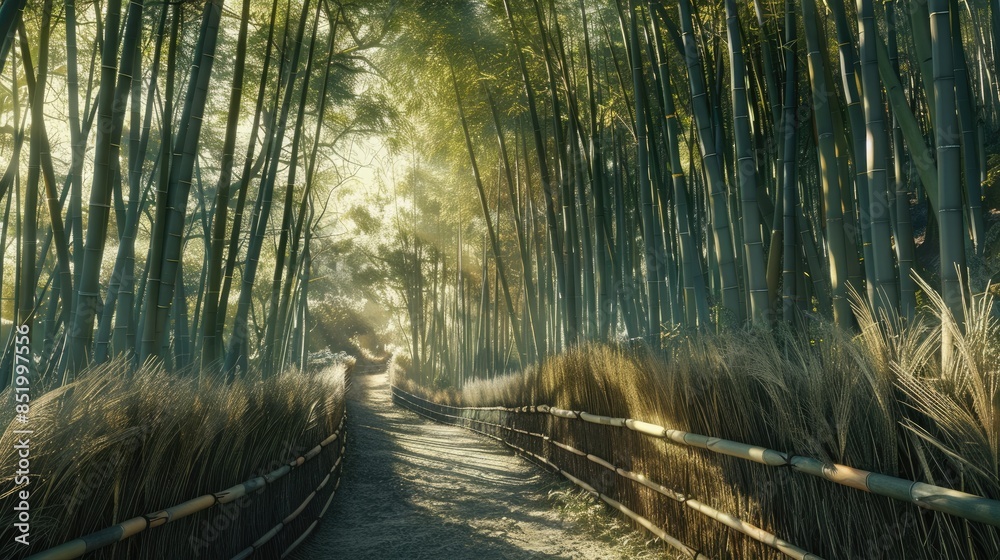 Fototapeta premium The peaceful bamboo groves of Arashiyama, Kyoto, with a path winding through the towering stalks