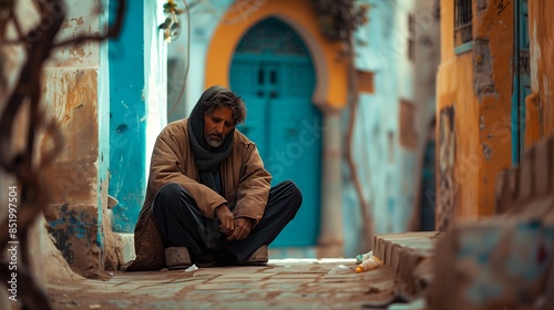 Tramp on the street. Homeless man on the street