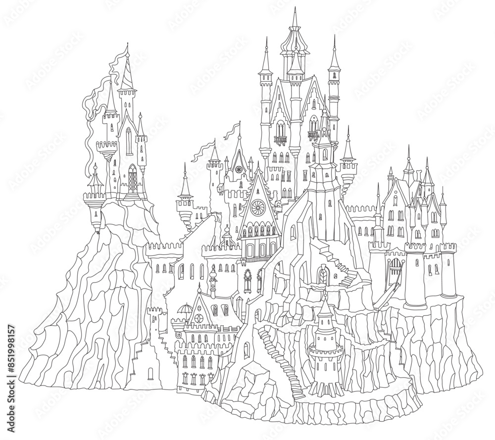 Fototapeta premium castle, coloring book, surrounding wall, fortress, building, house, fantasy, fairy tale, street, panorama, medieval, chateau, architecture, travel, tourism, black and white, city, sketch, town, old, c