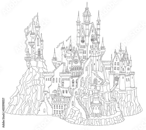 castle, coloring book, surrounding wall, fortress, building, house, fantasy, fairy tale, street, panorama, medieval, chateau, architecture, travel, tourism, black and white, city, sketch, town, old, c