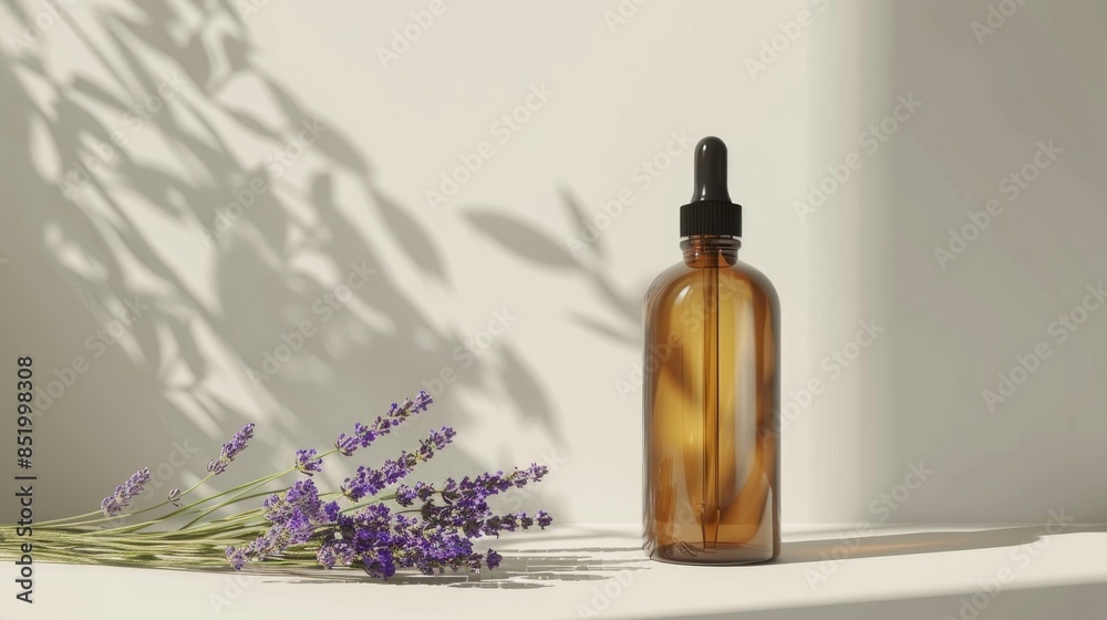 Brown glass serum bottle with lavender sprigs for skincare concept Brown glass serum bottle with lavender sprigs for skincare concept