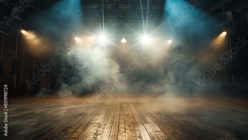 A dramatic empty stage with wooden floors bathed in colorful spotlights and shrouded in theatrical fog, suggesting a performance atmosphere. © panumas