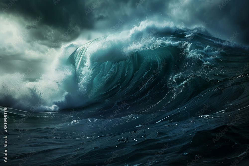 Fototapeta premium A massive, dynamic wave in the ocean under a dark, stormy sky. The wave appears powerful and menacing, with deep blue and gray colors dominating the scene