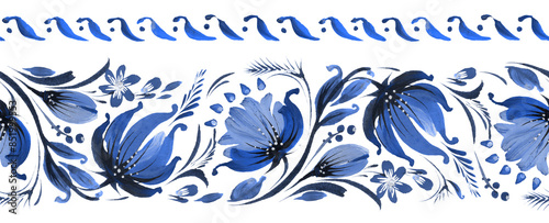 Foto Floral seamless border pattern from blue colored peony flowers, periwinkle and i