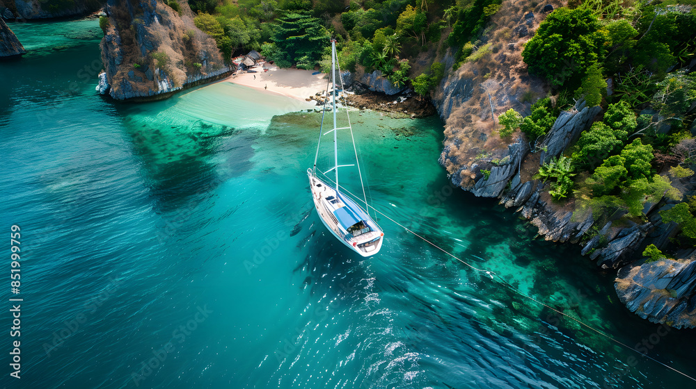 Aerial drone ultra wide photo of beautiful sail boat sailing in tropical exotic bay with emerald clear sea Aerial drone ultra wide photo of beautiful sail boat sailing in tropical exotic bay with emerald clear sea