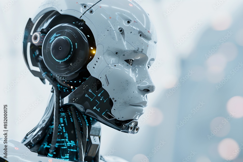 Fototapeta premium Humanoid robot with digital interface against bright background. Close-up shot. Future robotic and cybernetic concept. Futuristic artificial intelligence technology and robotization. 