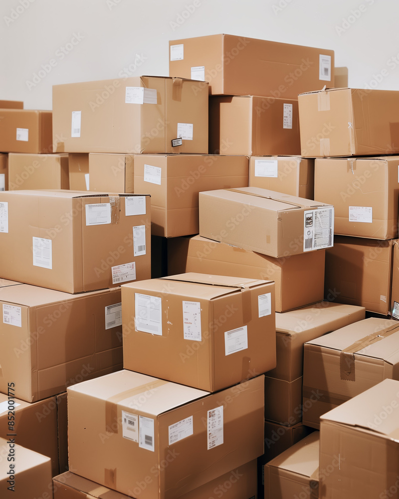A close-up of a stack of neatly packed cardboard boxes with shipping labels against a white background, showcasing organized packaging and efficiency in logistics and storage. A close-up of a stack of neatly packed cardboard boxes with shipping labels against a white background, showcasing organized packaging and efficiency in logistics and storage.