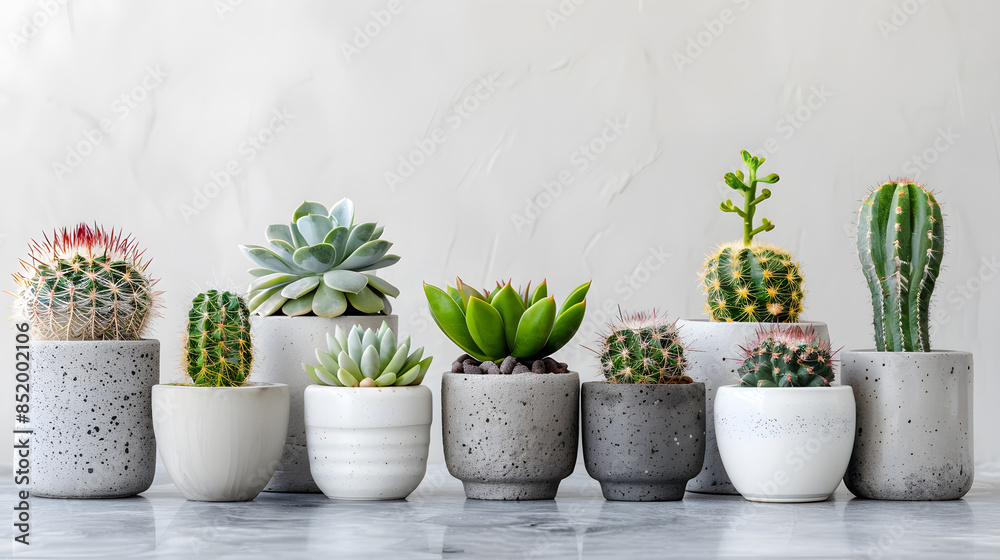 Succulents and cactus in different concrete pots on the white sh Succulents and cactus in different concrete pots on the white sh