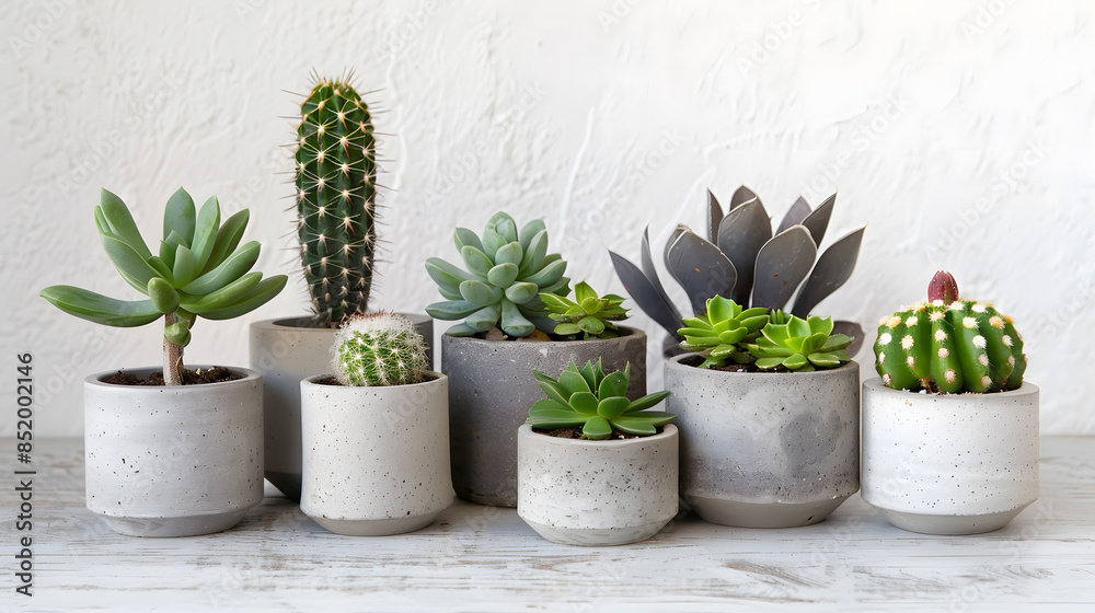Obraz premium Succulents and cactus in different concrete pots on the white sh