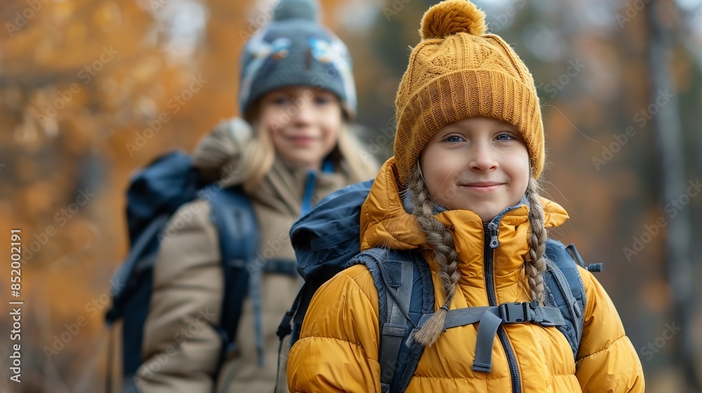 A young girl in a yellow jacket and a knit beanie smiles while hiking through a fall forest A young girl in a yellow jacket and a knit beanie smiles while hiking through a fall forest