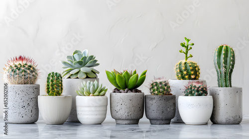 Succulents and cactus in different concrete pots on the white sh