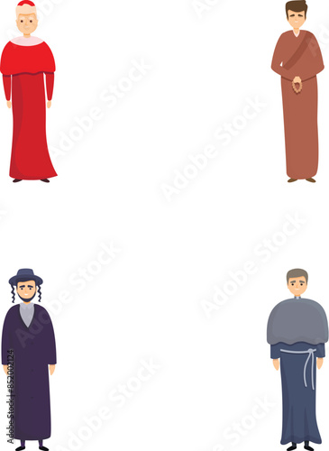 Religious character icons set cartoon vector. Various religious church leader. World religations