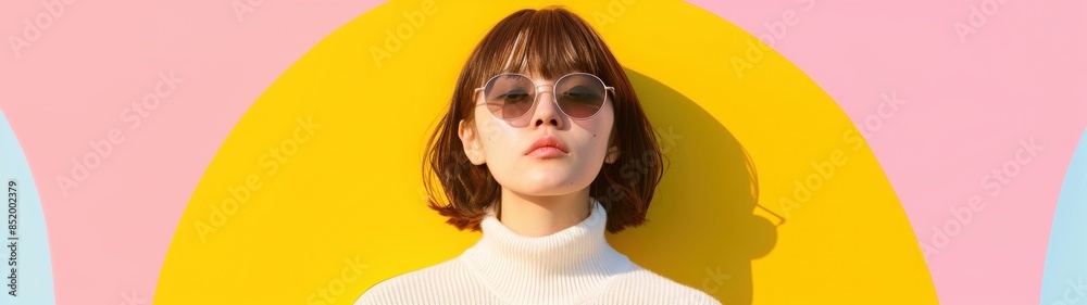 Vibrant portrait of a young woman standing against colorful abstract backdrop with empty space, captured in natural light and realistic style. Vibrant portrait of a young woman standing against colorful abstract backdrop with empty space, captured in natural light and realistic style.