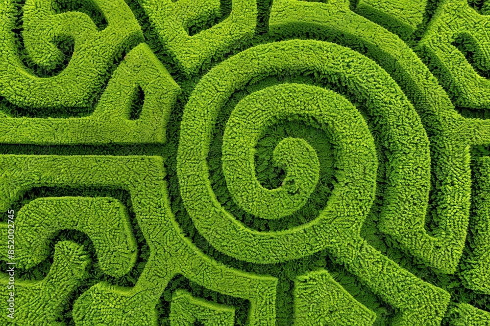 Green Hedge Maze Aerial View with Ample Space, Captured from Above in Natural Light, Revealing Complex Layout and Patterns, in Lush Greenery Environment Green Hedge Maze Aerial View with Ample Space, Captured from Above in Natural Light, Revealing Complex Layout and Patterns, in Lush Greenery Environment