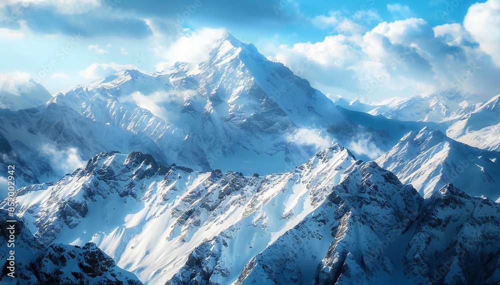 Naklejka premium Image of majestic mountain peaks covered with snow-white snow