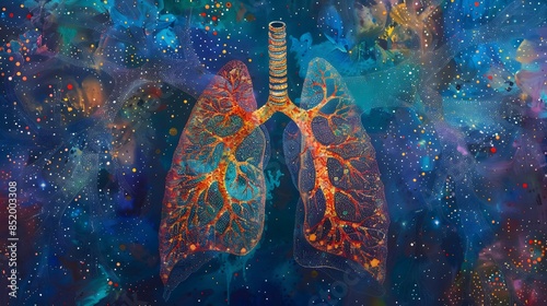 Witness a chromatic rhapsody unfold within the intricate network of dots and lines that compose the abstract representation of the human lung photo