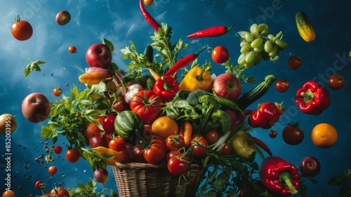 Fresh vegetables and fruits, including tomatoes, bell peppers and apples, added to the basket