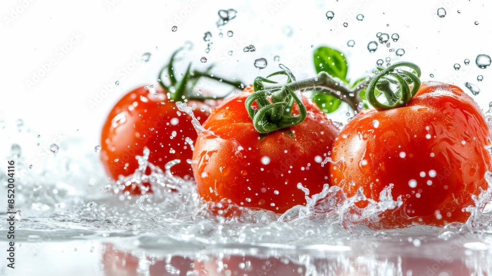 Fresh, ripe tomatoes are depicted with water splashes against a white background Fresh, ripe tomatoes are depicted with water splashes against a white background