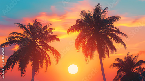 Tropical palm tree over sunset sky. Palms and beautiful sky background. Tourism, vacation concept backdrop. Palms silhouettes over orange sun