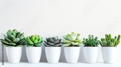 Row of little succulent plants in modern geometric concrete planters isolated on white background, with copy space.
 photo