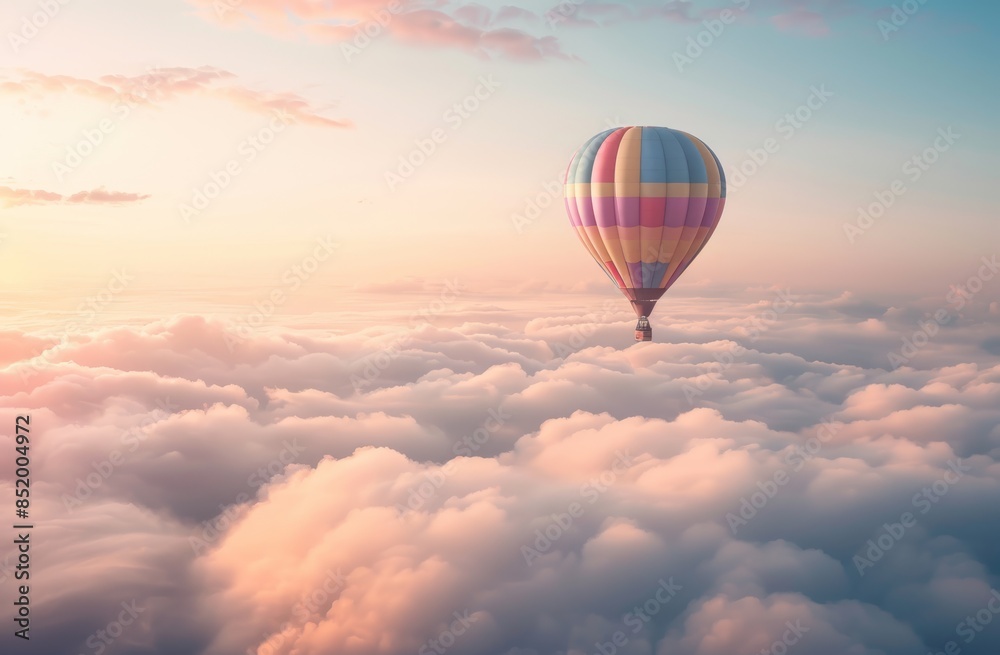 Colorful hot air balloon floating above the clouds Colorful hot air balloon floating above the clouds