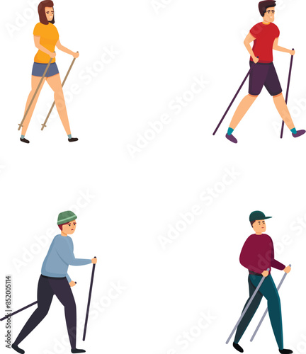 Fitness icons set cartoon vector. People doing nordic walking. Sport, outdoor activity