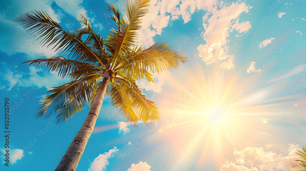 Copy space of tropical palm tree with sun light on sky background
