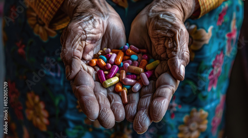 A close-up image of an elderly womans hands holding a variety of colorful pills