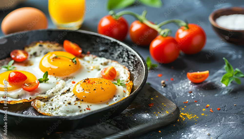 Breakfast with fried eggs and tomatoes Breakfast with fried eggs and tomatoes