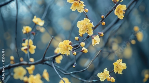 Yellow flowers on a wintersweet plant blooming in the winter photo