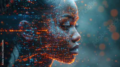 Collage of human head, digits and various abstract elements on the subject of artificial intelligence, modern science, computer technology and human and artificial mind